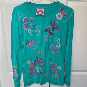 Johnny Was Teal Top with Floral Embroidery